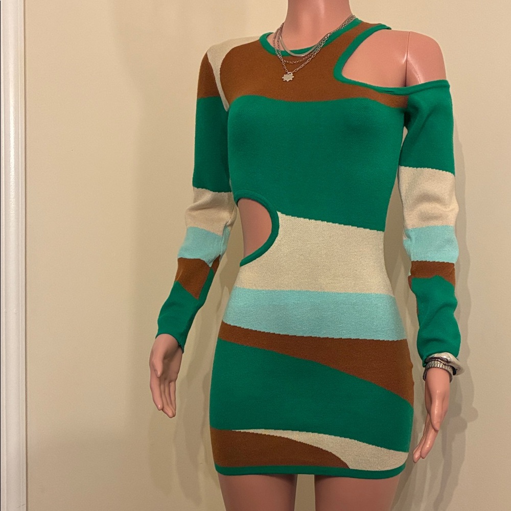 Green Multi-Stripe Cutout Bodycon Dress